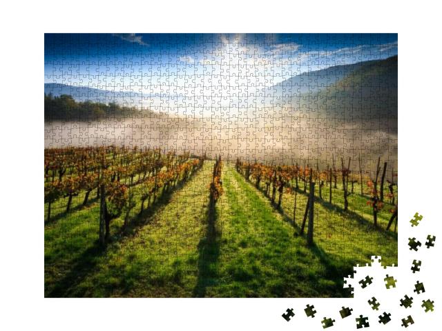 Puzzle 1000 Teile „Toskanische Weinberge bei Nebel und Sonnenschein im Herbst, Italien“