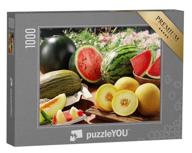 Puzzle 1000 Teile „Gartentisch mit frischen Melonen und Wassermelonen“