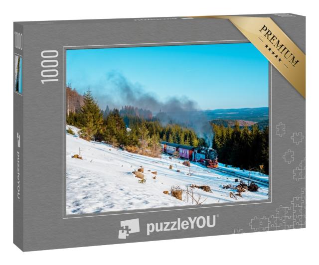 Puzzle 1000 Teile „Dampflok im Schnee: Winterlandschaft im Harz, Deutschland“