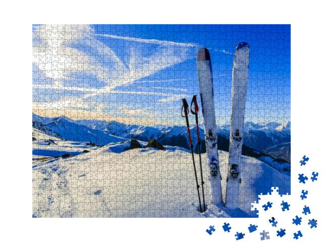 Puzzle 1000 Teile „Bereit für die Abfahrt: Skier im Schnee“