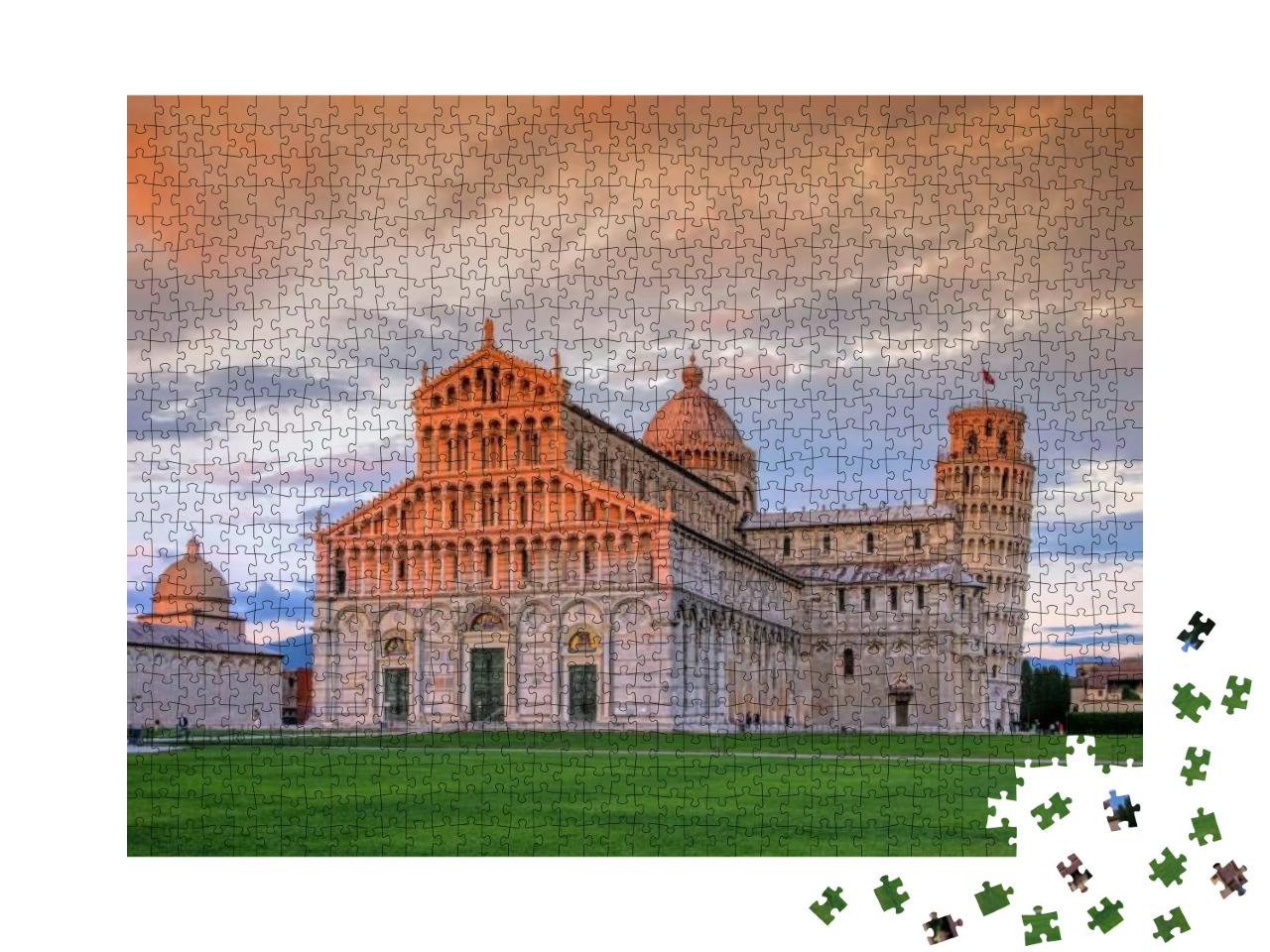 Puzzle 1000 Teile „Der schiefe Turm von Pisa und Dom in der Dämmerung“