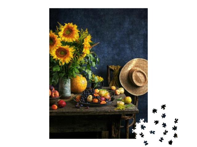 Puzzle 1000 Teile „Herbststillleben mit Sonnenblumen und antiken Möbeln“