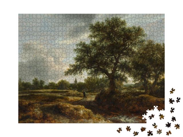 Puzzle 1000 Teile „Jacob van Ruisdael - Landschaft mit einem Dorf in der Ferne“