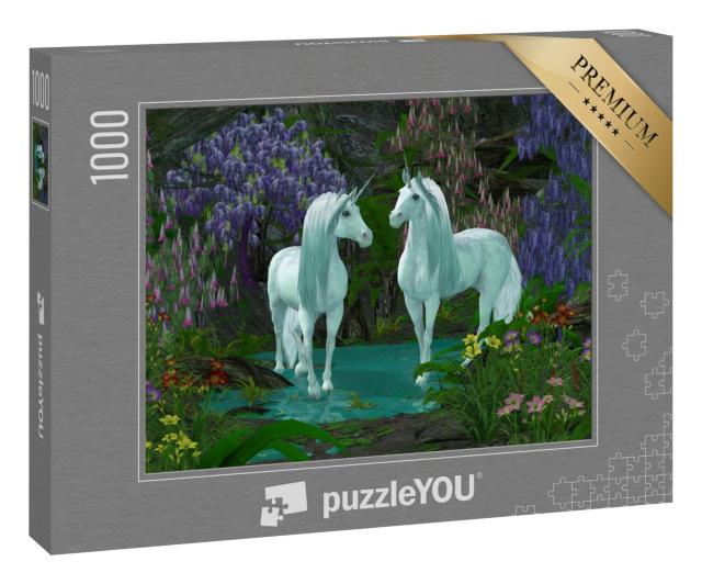 Puzzle 1000 Teile „Zwei Einhörner am Bach mit Waldblumen “