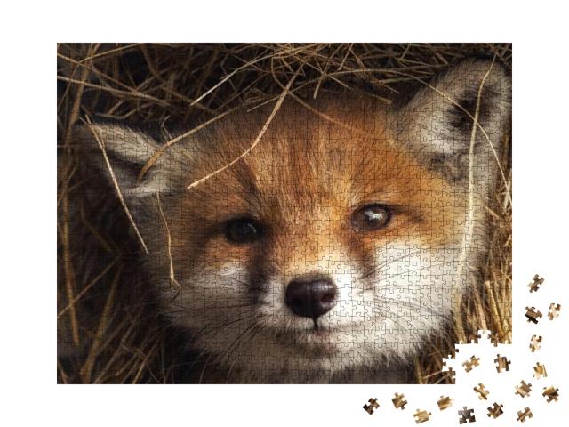 Puzzle 1000 Teile „Fuchswelpe im Heu“