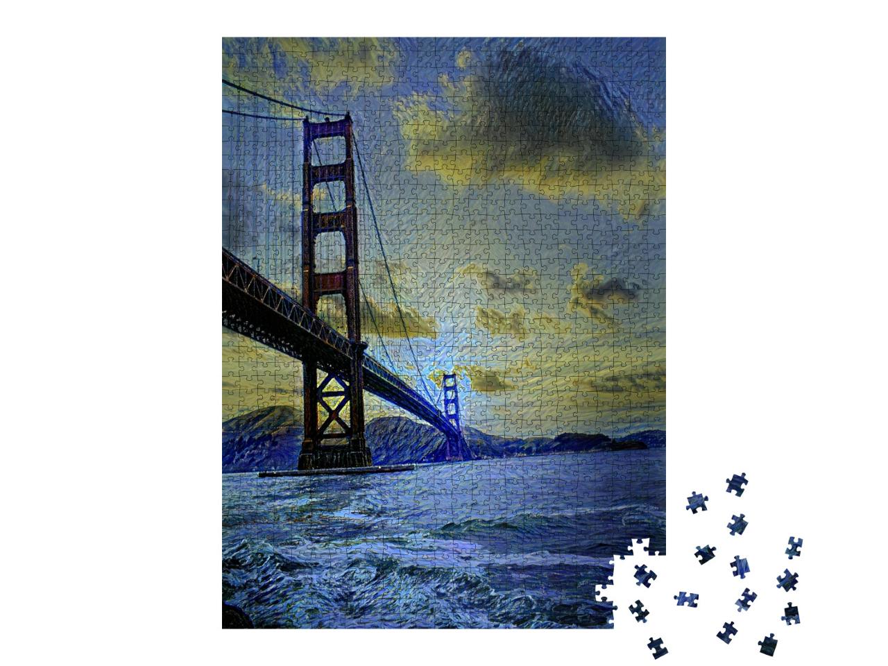 Puzzle 1000 Teile „im Kunst-Stil von van Gogh, Sternennacht - Golden Gate Bridge im Sonnenuntergang“