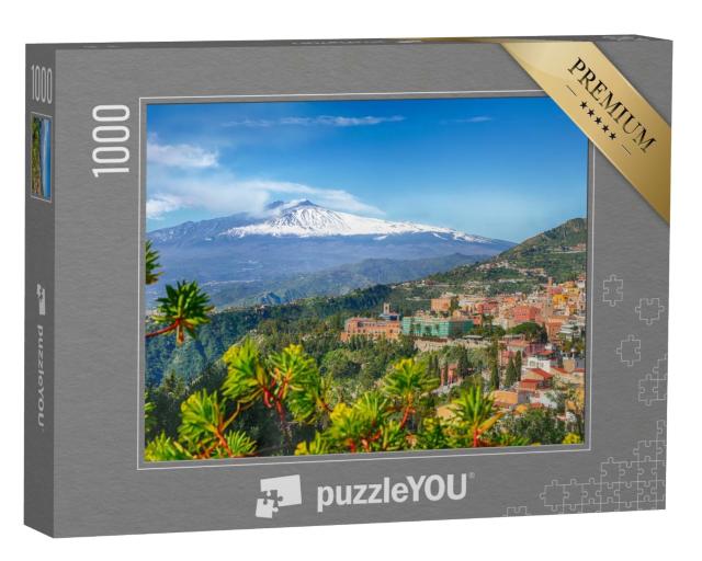 Puzzle 1000 Teile „Vulkan Ätna und Taormina Stadt, Sizilien, Italien“