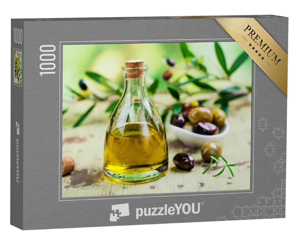 Puzzle 1000 Teile „Olivenöl in einer Glasflasche“