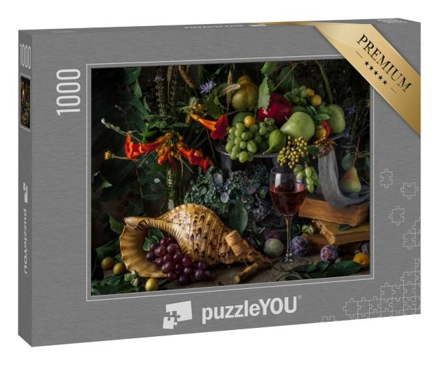 Puzzle 1000 Teile „Stillleben mit Obst und einem Glas Rotwein“