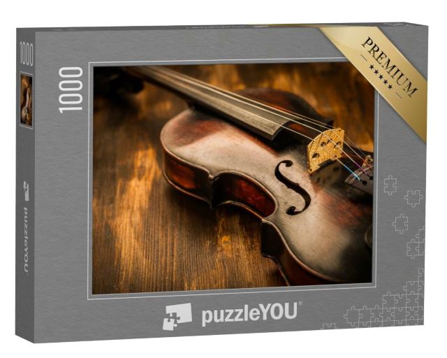 Puzzle 1000 Teile „Geige: Vintage-Stil auf Holz-Hintergrund“