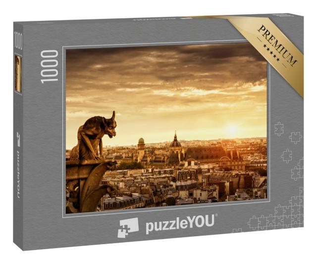 Puzzle 1000 Teile „Wasserspeier auf der Kathedrale von Notre Dame, dahinter Paris“