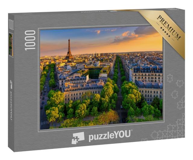 Puzzle 1000 Teile „Skyline von Paris mit Eiffelturm bei Sonnenuntergang, Frankreich“