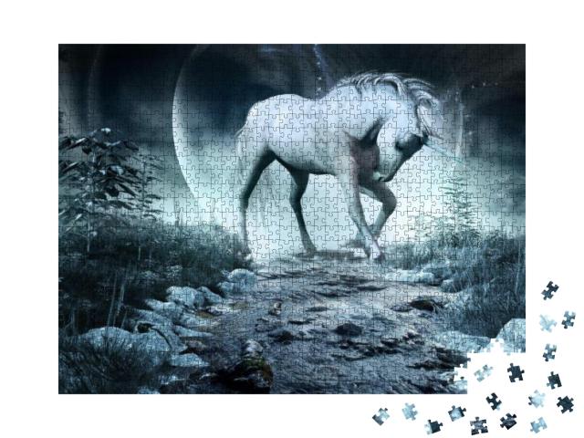 Puzzle 1000 Teile „Nachtszene mit Einhorn, Bach und Mond “