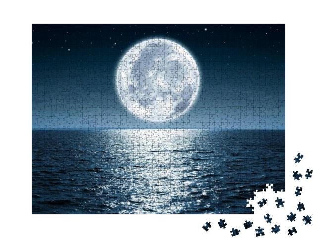 Puzzle 1000 Teile „Vollmond, der nachts über dem ruhigen Meer aufgeht“