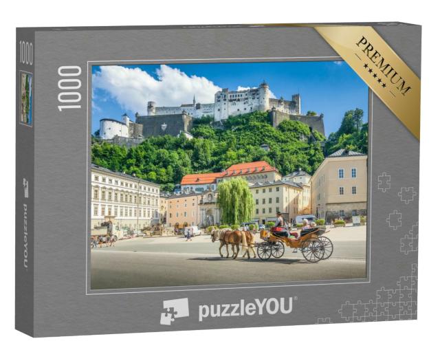 Puzzle 1000 Teile „Panoramablick auf das historische Salzburg mit Fiaker-Kutsche“
