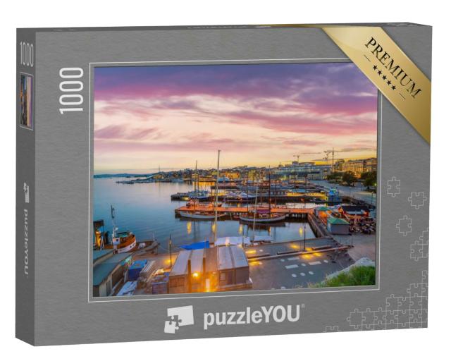 Puzzle 1000 Teile „Skyline von Oslo mit Stadtzentrum bei Sonnenuntergang, Norwegen“