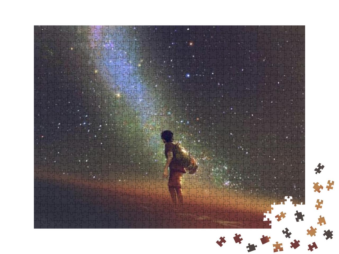 Puzzle 1000 Teile „Ein junger Mann blickt aus der Wüste in den Nachthimmel“