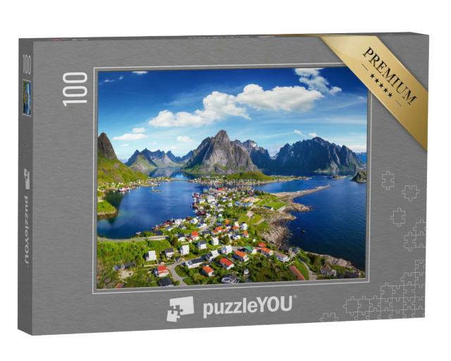 Puzzle 100 Teile „Dorf Reine unter einem sonnigen, blauen Himmel, Lofoten, Norwegen“