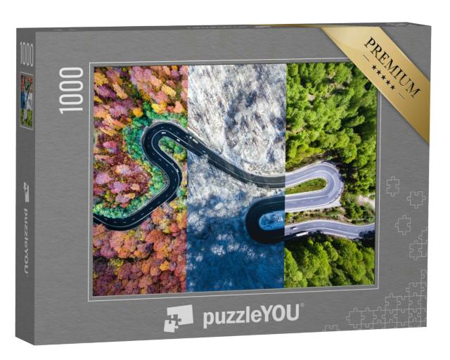 Puzzle 1000 Teile „Kurvenreiche Straße im Wald durch die Jahreszeiten“