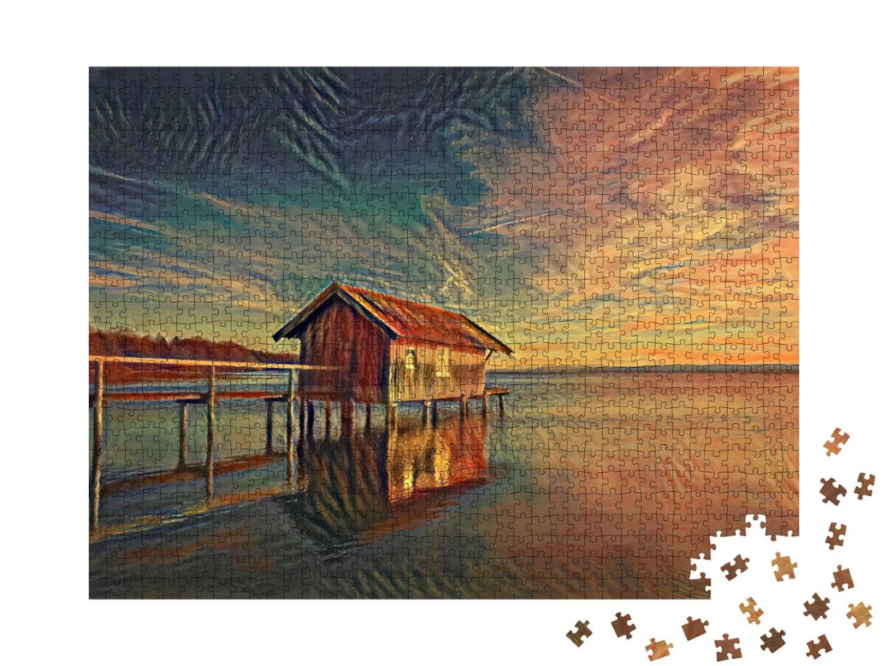 Puzzle 1000 Teile „im Stil von Edvard Munch, Der Schrei - Seehaus in Stegen am Ammersee in Bayern“