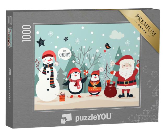 Puzzle 1000 Teile „Weihnachtskarte mit lustigen Figuren vor winterlichem Hintergrund“