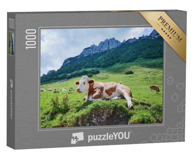 Puzzle 1000 Teile „Kuh vor der Kampenwand, Bayern, Deutschland“