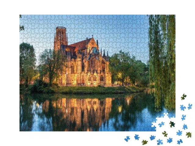 Puzzle 1000 Teile „Nachtansicht der Johanniskirche Stuttgart, Deutschland“