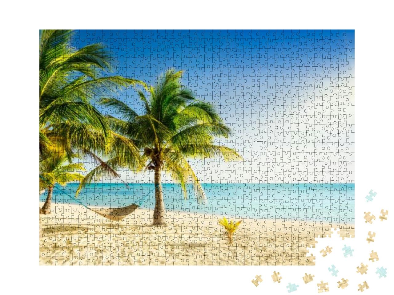 Puzzle 1000 Teile „Paradiesstrand mit Palmen und geflochtener Hängematte“