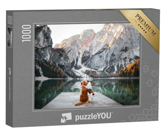 Puzzle 1000 Teile „Zwei Hunde auf einem Holzsteg am Bergsee “