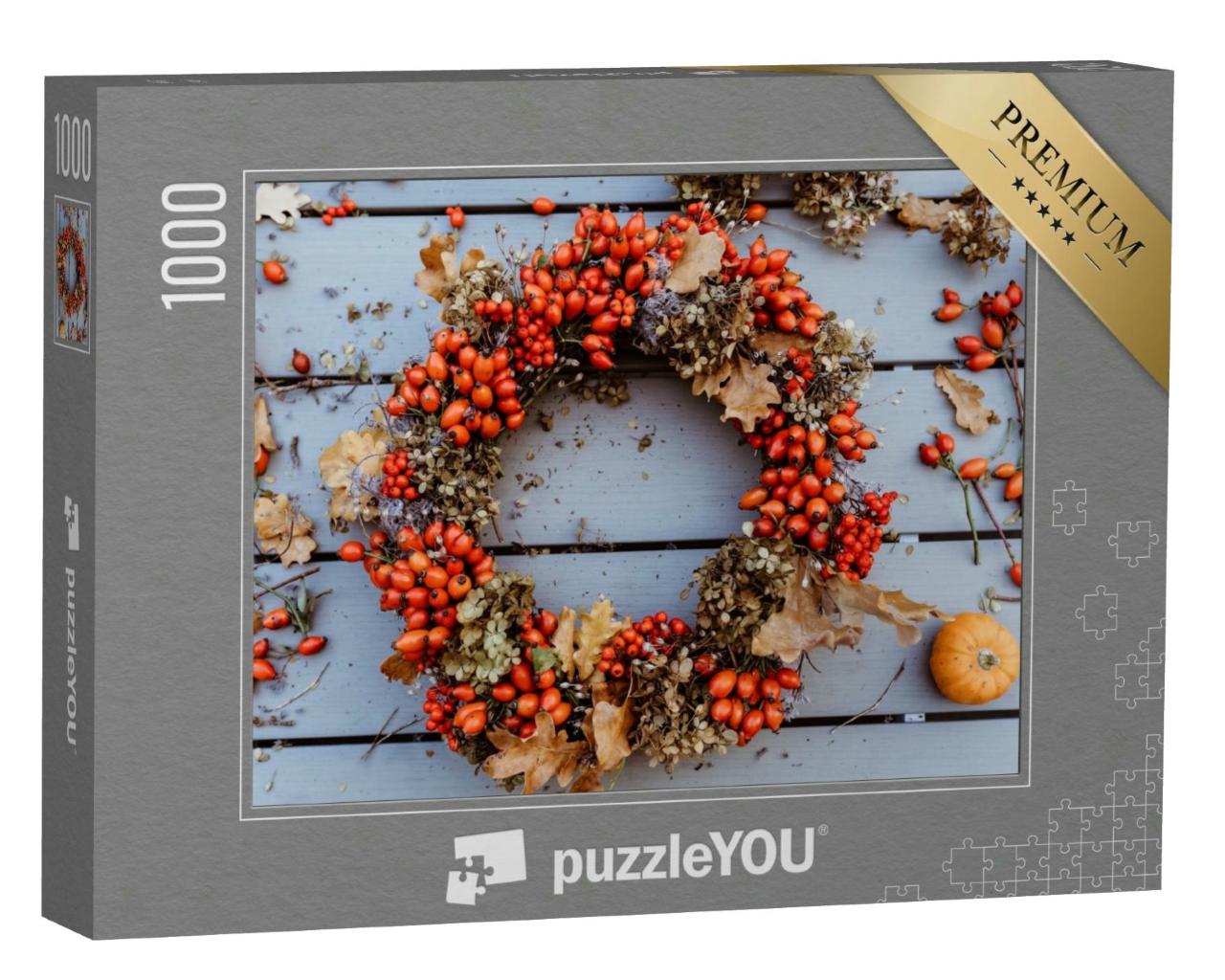 Puzzle 1000 Teile „Türkranz für den Herbst aus bunten Blumen und Hagebutten“