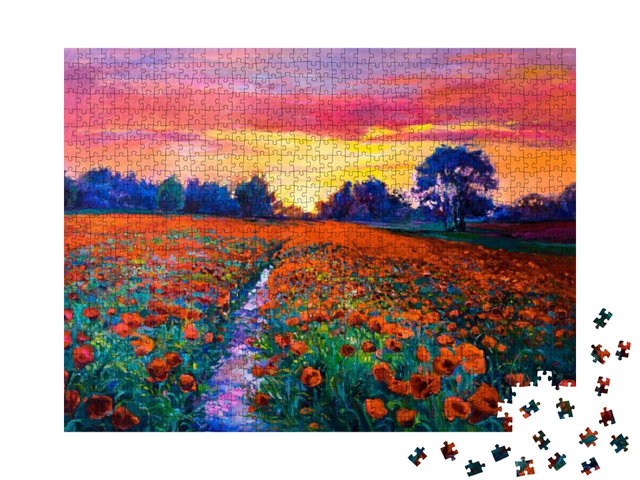 Puzzle 1000 Teile „Ölgemälde: Sonnenuntergang über einem riesigen Mohnfeld“