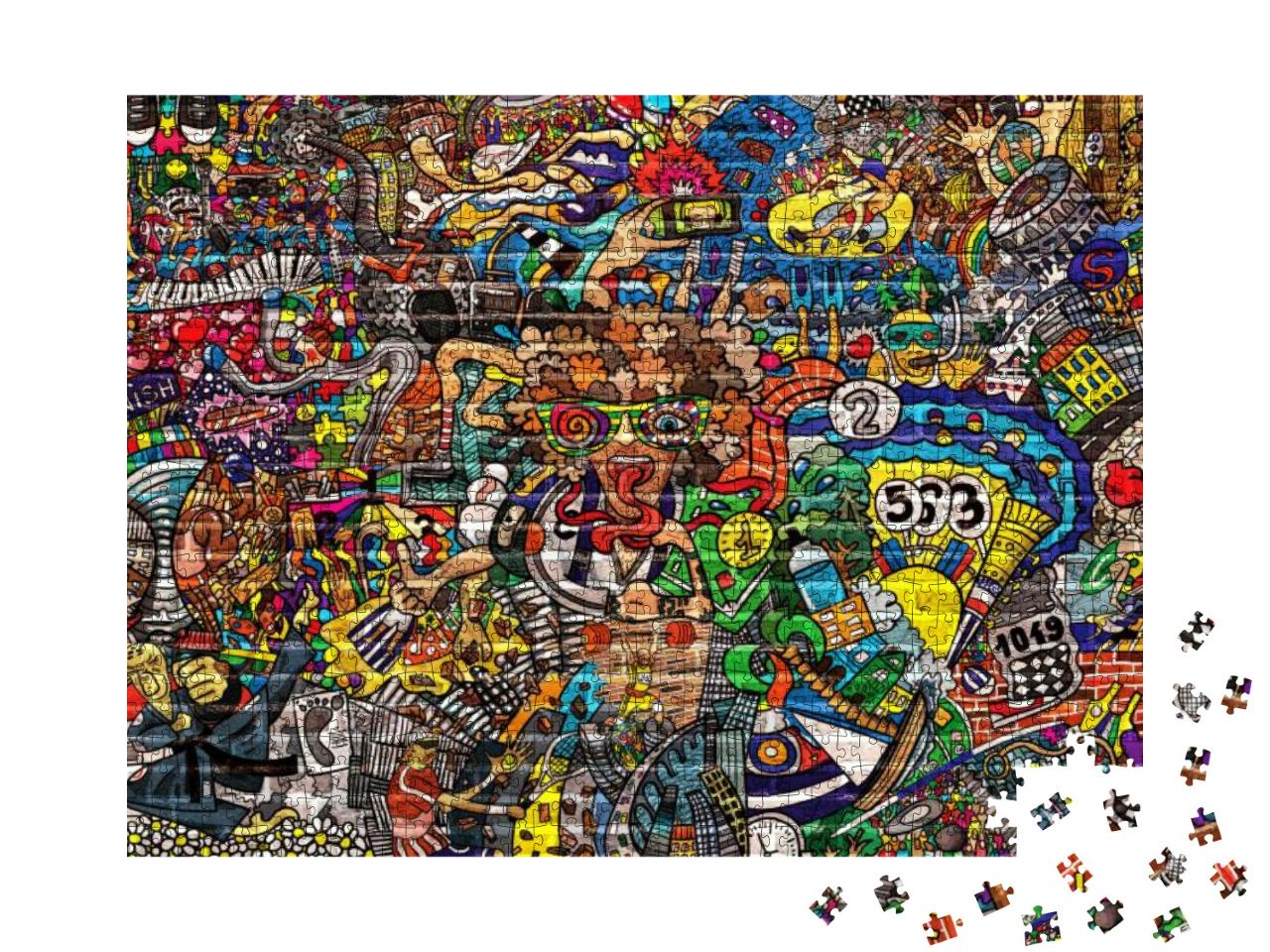 Puzzle 1000 Teile „Graffiti. Sport-Collage auf einer großen Backsteinmauer“
