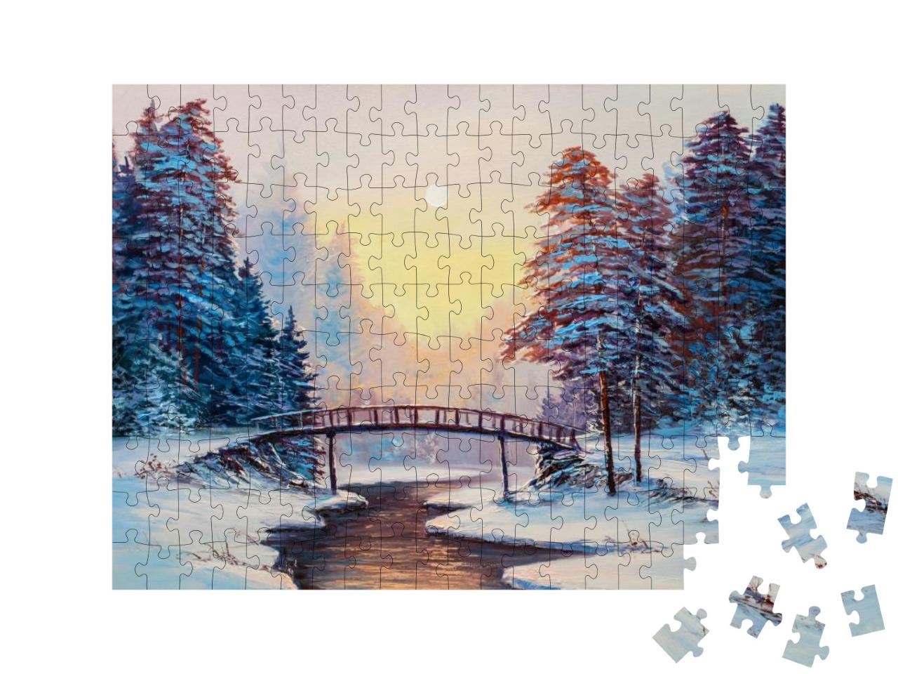 Puzzle 200 Teile „Winterlandschaft mit Fluss, Original-Ölgemälde“