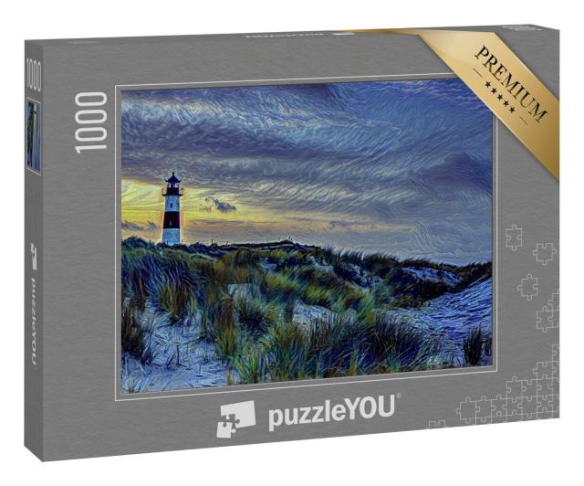 Puzzle 1000 Teile „im Kunst-Stil von van Gogh, Sternennacht - Nordischer Leuchtturm auf Sylt“