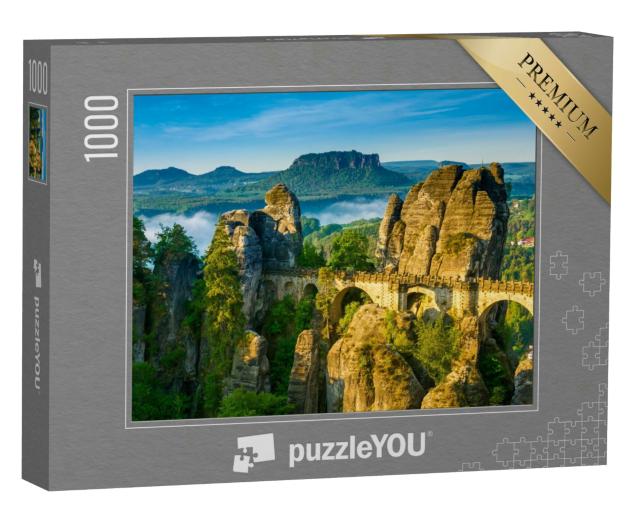 Puzzle 1000 Teile „Sonnenaufgang und Nebel an der Bastei, Sächsische Schweiz, Deutschland“