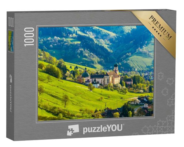 Puzzle 1000 Teile „Malerisches Bergdorf mit Häusern und Kloster, Münstertal, Schwarzwald“