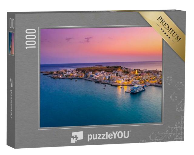 Puzzle 1000 Teile „Ansicht des traditionellen Dorfes Paleochora bei Sonnenuntergang, Chania, Kreta“