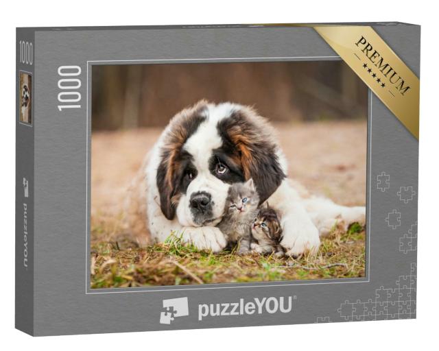 Puzzle 1000 Teile „Beste Freunde: Bernhardinerwelpe mit kleinen Kätzchen“