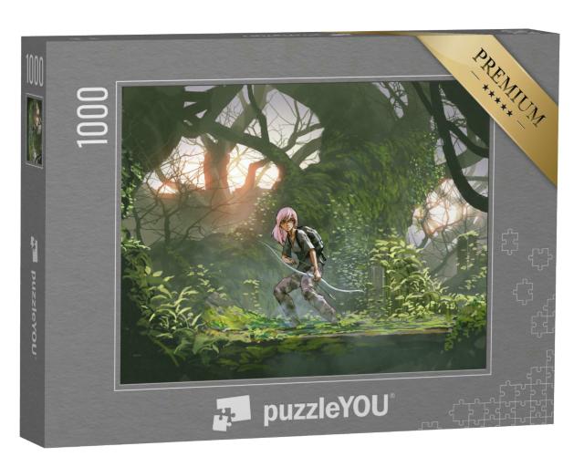 Puzzle 1000 Teile „Mädchen mit Bogen im Wald auf Abenteuerjagd“