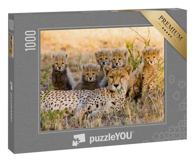Puzzle 1000 Teile „Gepardenmutter und ihre Jungtiere in der Savanne, Kenia“
