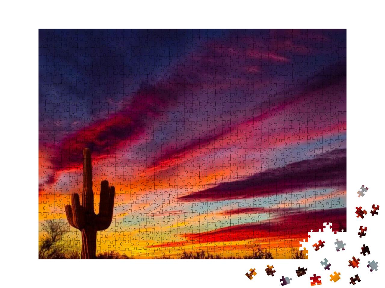 Puzzle 1000 Teile „Typischer Saguaro-Kaktus im Sonnenuntergang, Texas, USA“