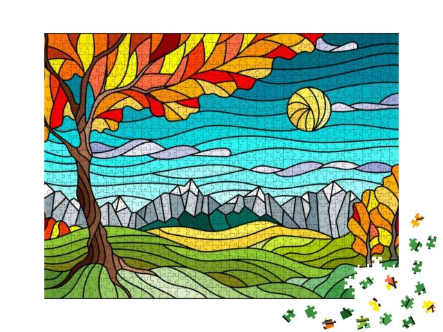 Puzzle 1000 Teile „Illustration im Stil der Glasmalerei: Eine Herbstlandschaft“