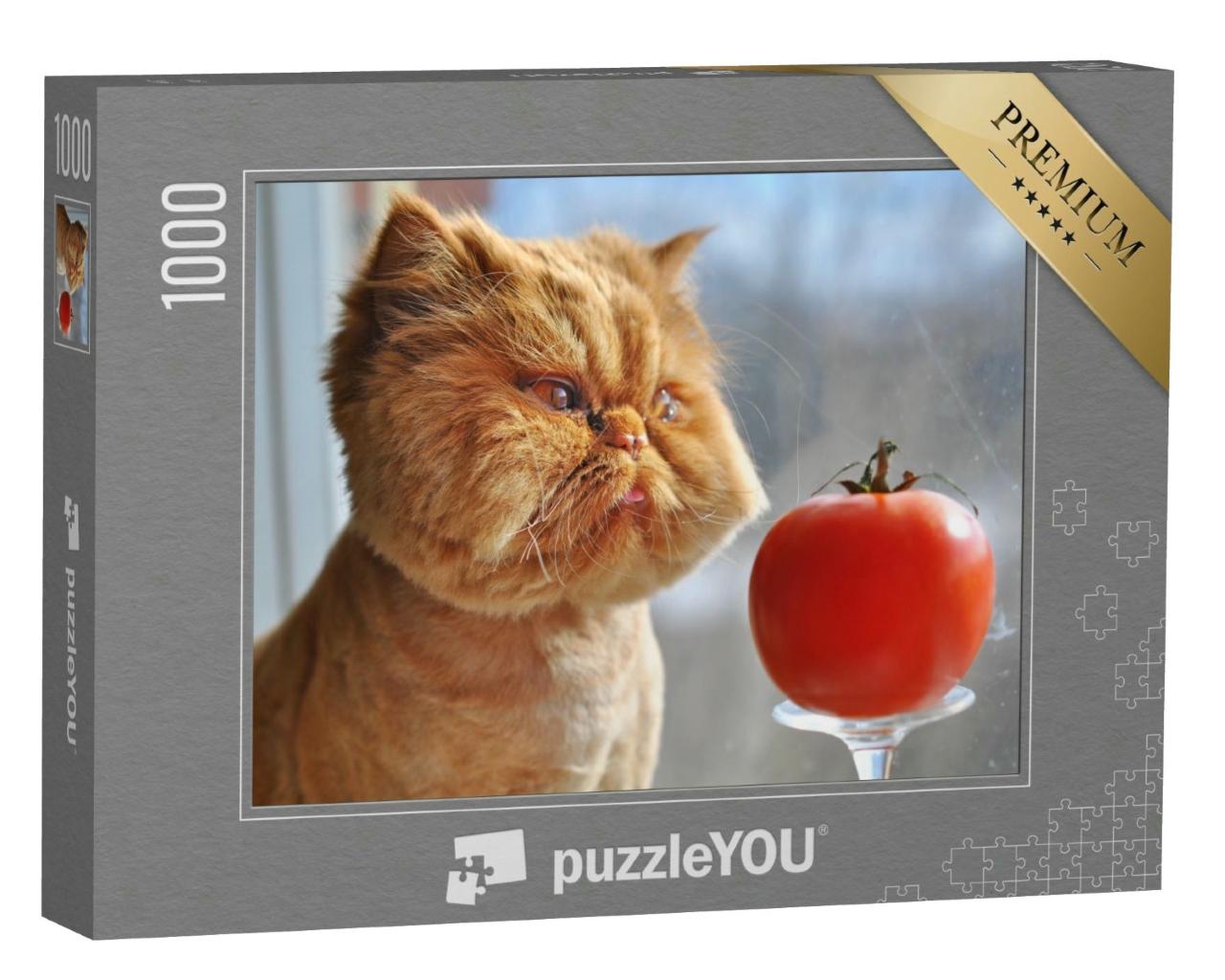 Puzzle 1000 Teile „Lustige Katze und rote Tomate“