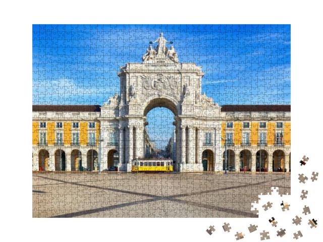 Puzzle 1000 Teile „Praca do Comercio mit gelber Straßenbahn, Lissabon, Portugal“