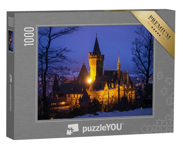 Puzzle 1000 Teile „Schloss Wernigerode bei Einbruch der Dunkelheit, Harz, Deutschland“