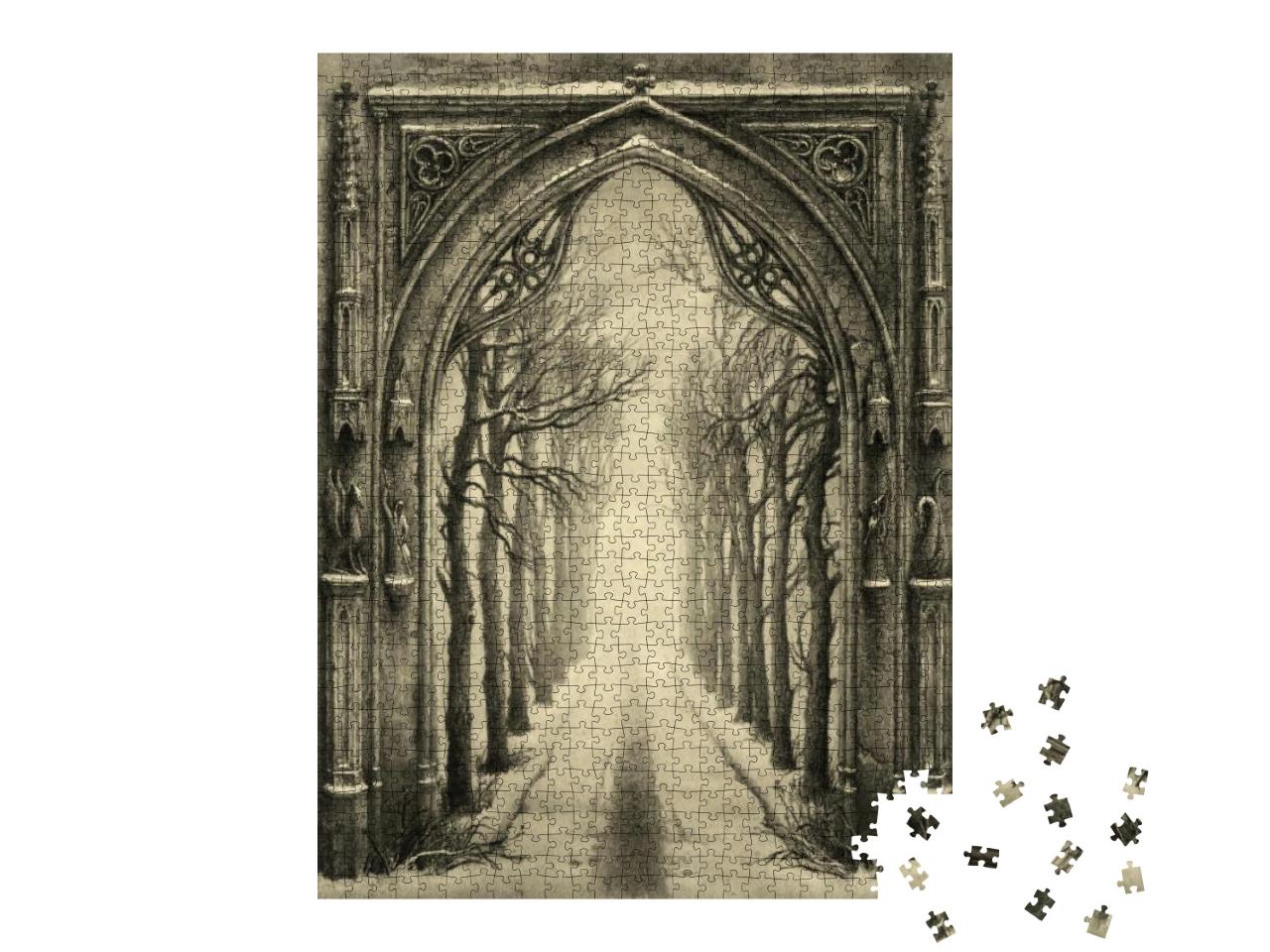Puzzle 1000 Teile „Gotischer Bogen, dahinter eine Baumallee “