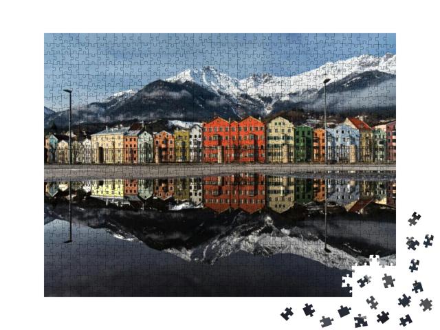 Puzzle 1000 Teile „Perfekte Wasserspiegelung der bunten Häuser von Innsbruck, Österreich“