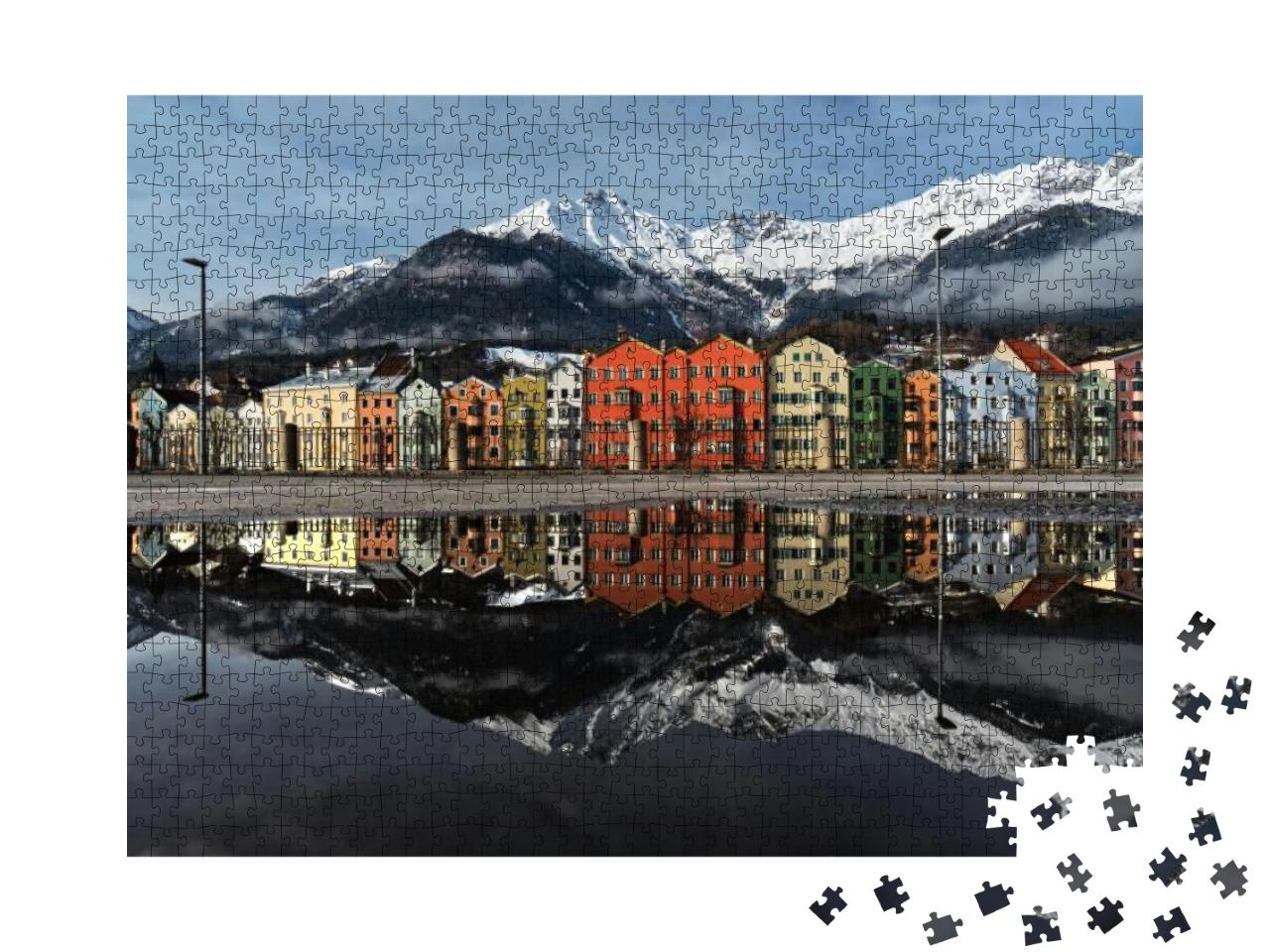Puzzle 1000 Teile „Perfekte Wasserspiegelung der bunten Häuser von Innsbruck, Österreich“