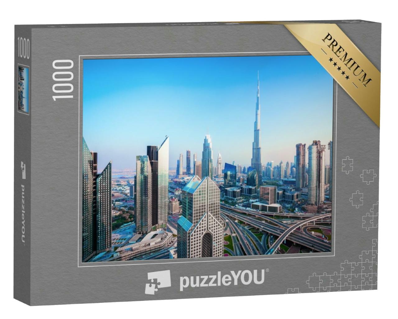 Puzzle 1000 Teile „Skyline des Stadtzentrums von Dubai bei Sonnenuntergang“