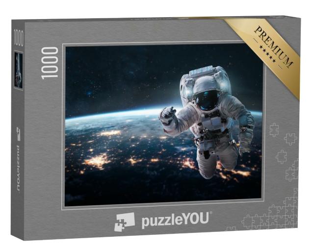 Puzzle 1000 Teile „Ein Astronaut schwebt über der Erde bei Nacht“